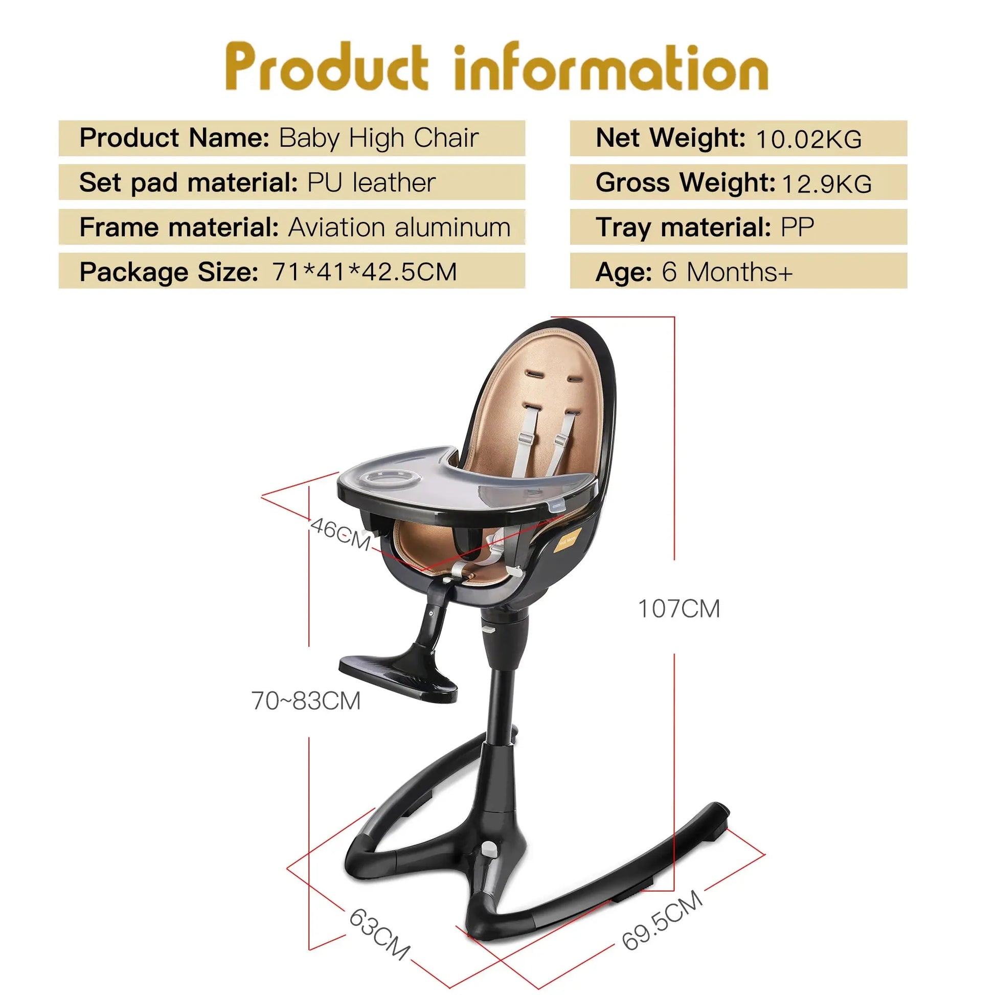 Luxury Adjustable Baby High Chair with PU Cushion & Footrest Nisiowelt