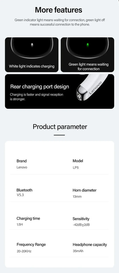 Lenovo LP5 Wireless Bluetooth Earbuds HiFi Waterproof with Mic - Nisiowelt
